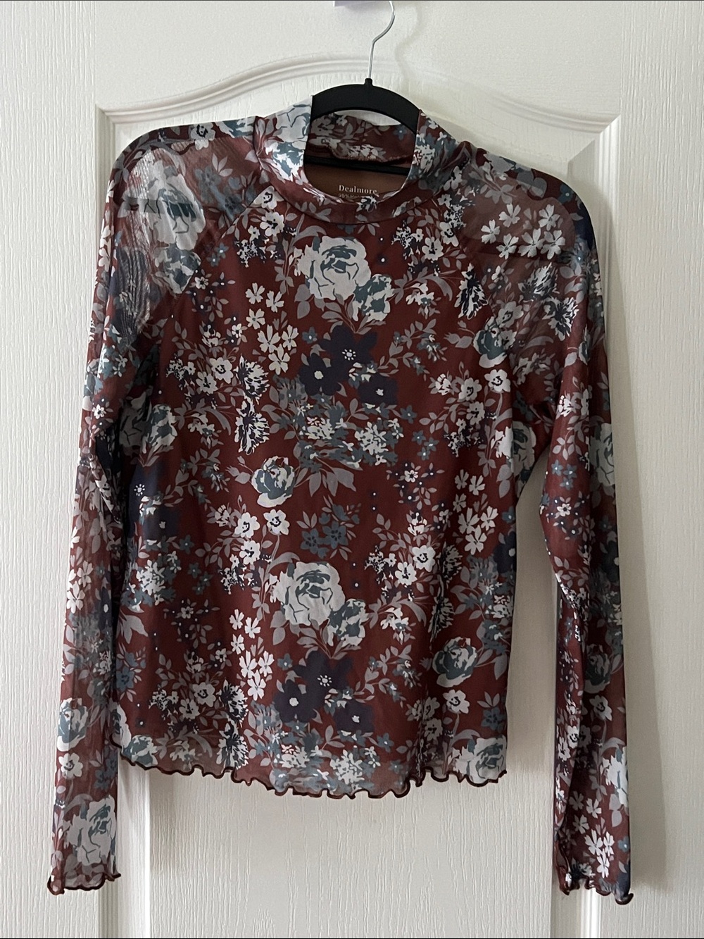 Burgundy Floral Sheer Long-Sleeve Top